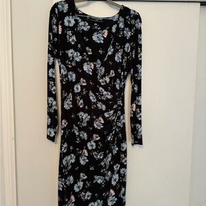 Long sleeve wrapped side rouched dress - black blue floral